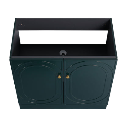 Freestanding vanity HouseOfZazla in dark teal with dual doors, brass knobs, soft-close on Tampa Home & Garden Store
