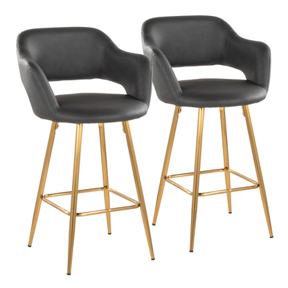 HouseOfZazla fixed-height counter stools set of 2, black faux leather gold legs and footrests on Tampa Home & Garden Store