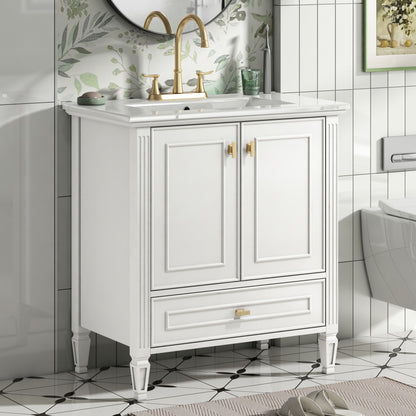 White freestanding vanity with two doors and a drawer, gold faucet and hardware on Tampa Home & Garden Store