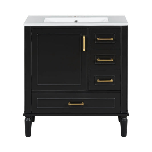 Traditional black bathroom vanity with white top and gold hardware by Unique Piece Furniture on Tampa Home & Garden Store
