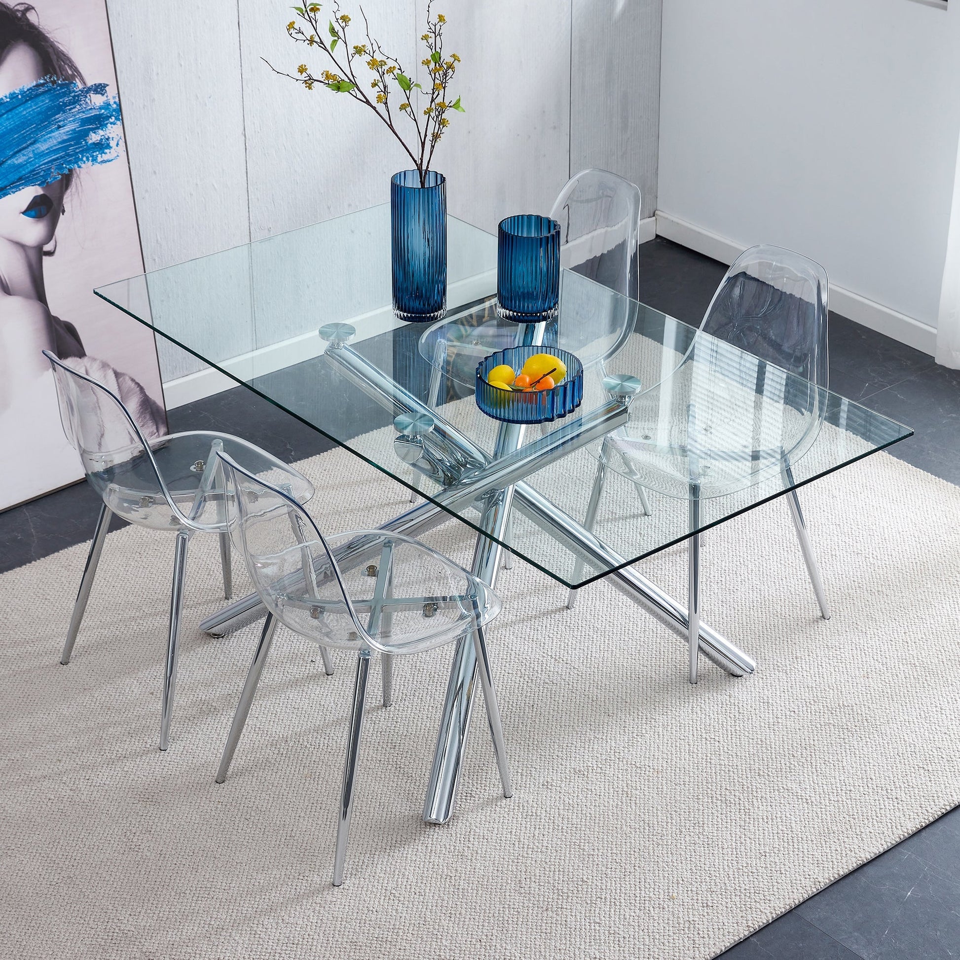 Modern minimalist transparent acrylic dining chairs 6-piece set around glass dining table on Tampa Home & Garden Store