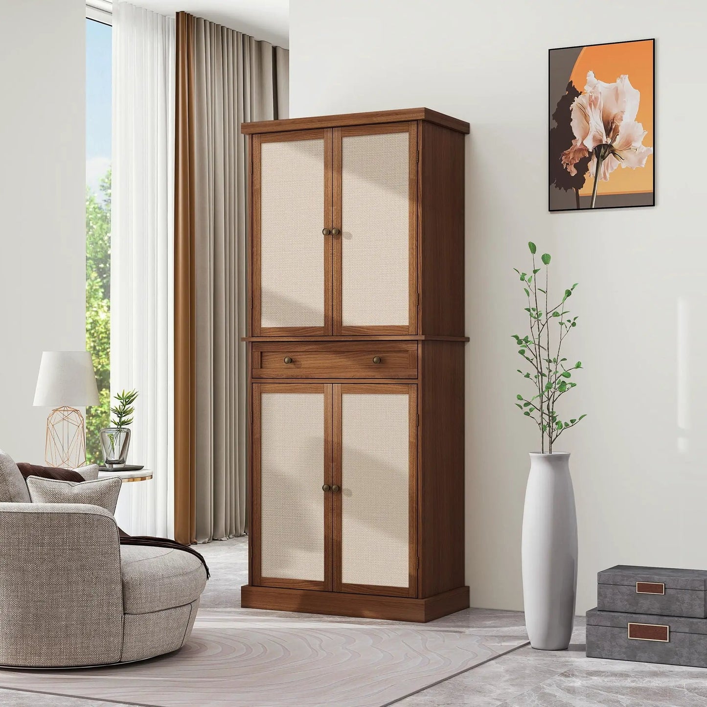 4-Door Storage Cabinet With 1 Drawer in warm wood with woven cane panels, adjustable shelves on Tampa Home & Garden Store