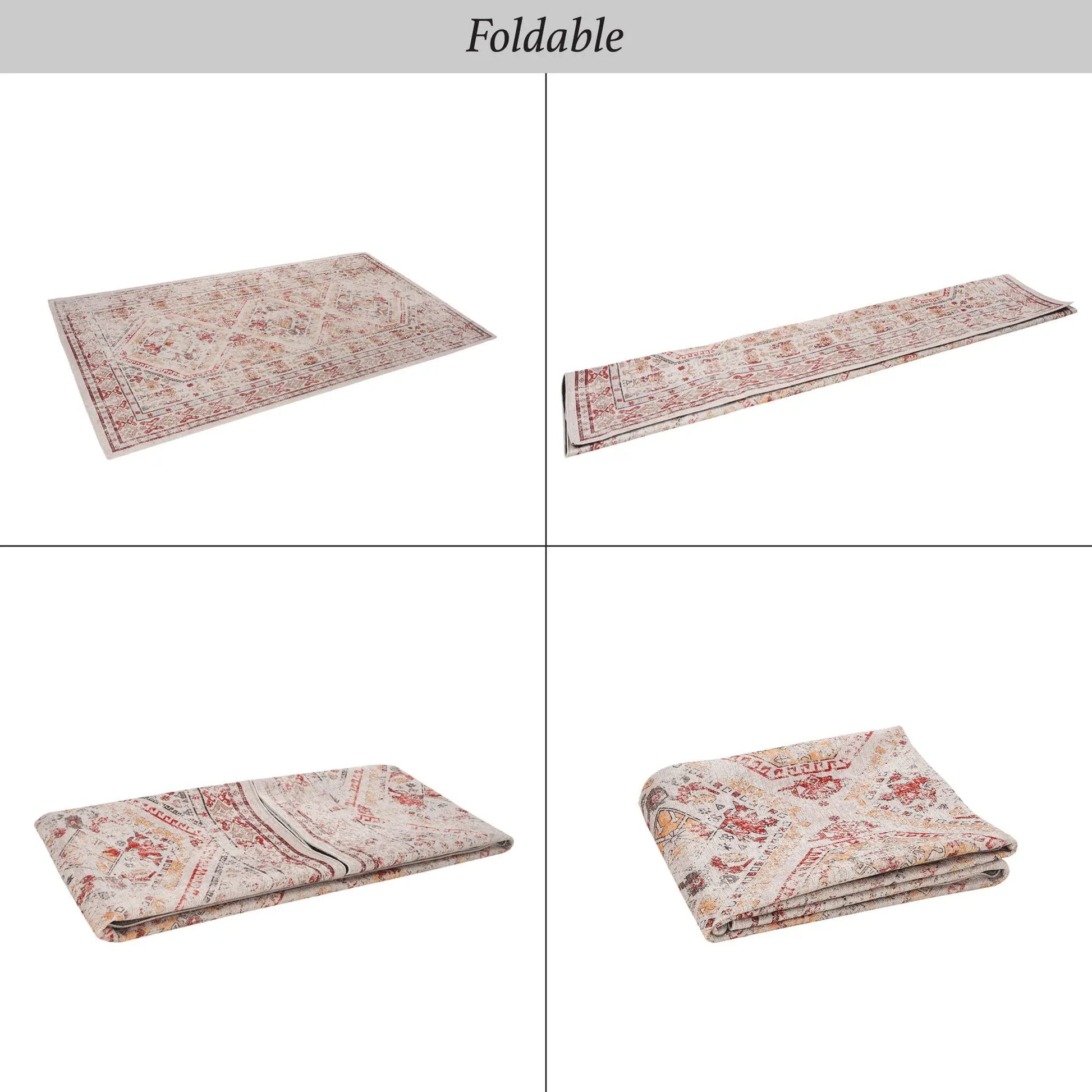 Maval washable rug, red ivory oriental pattern, four-view collage, Unique Piece Furniture on Tampa Home & Garden Store
