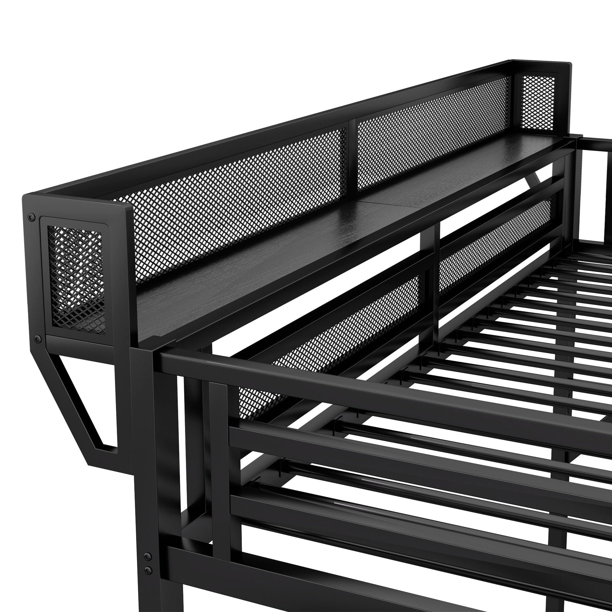 Queen Size Loft Bed in black metal with mesh guard rails on Tampa Home & Garden Store