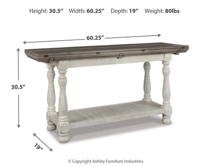 Flip-top Havalance sofa table gray top with white distressed base and lower shelf on Tampa Home & Garden Store