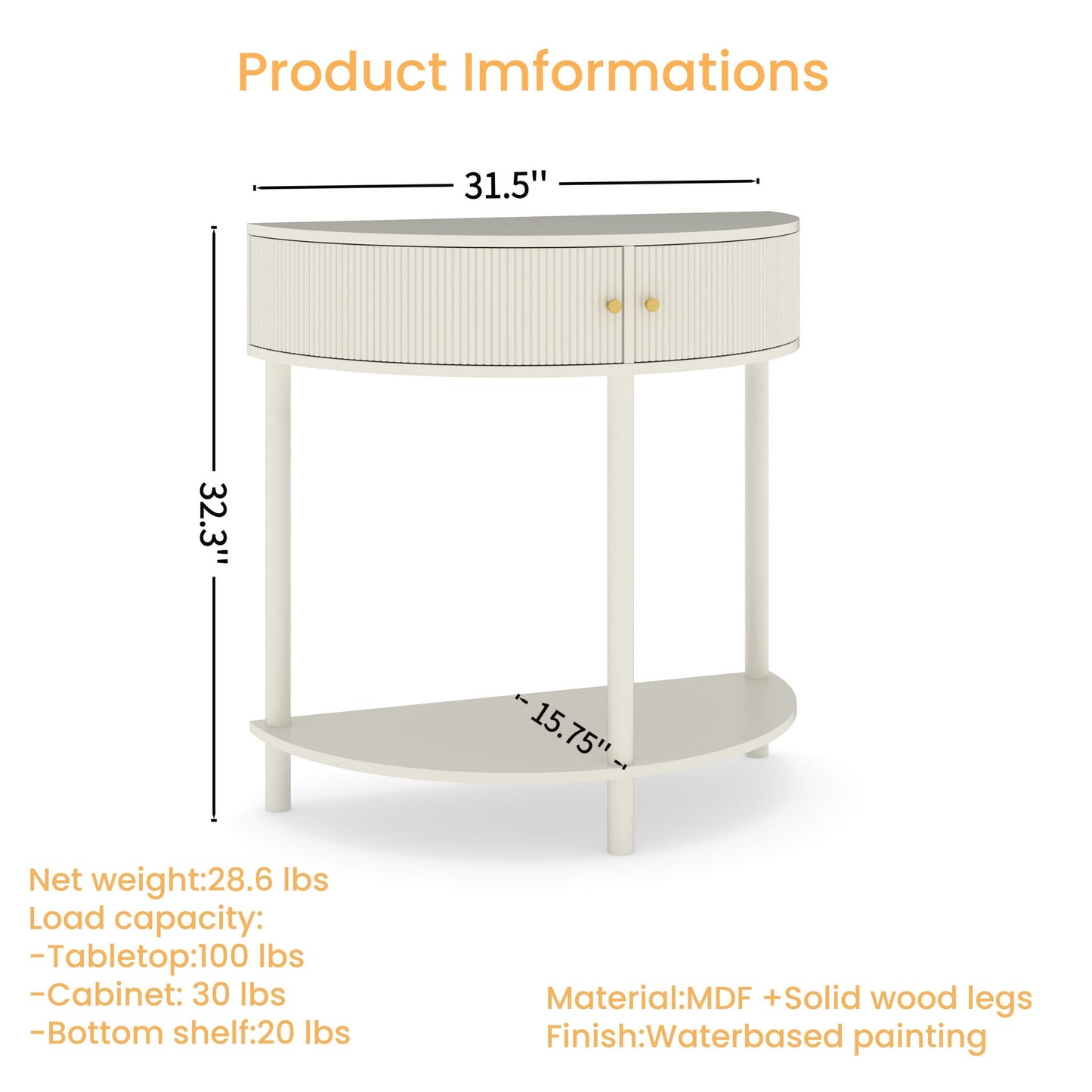 Demi Lune Console Table with 2 Storage Drawers by HouseOfZazla, cream ribbed doors on Tampa Home & Garden Store