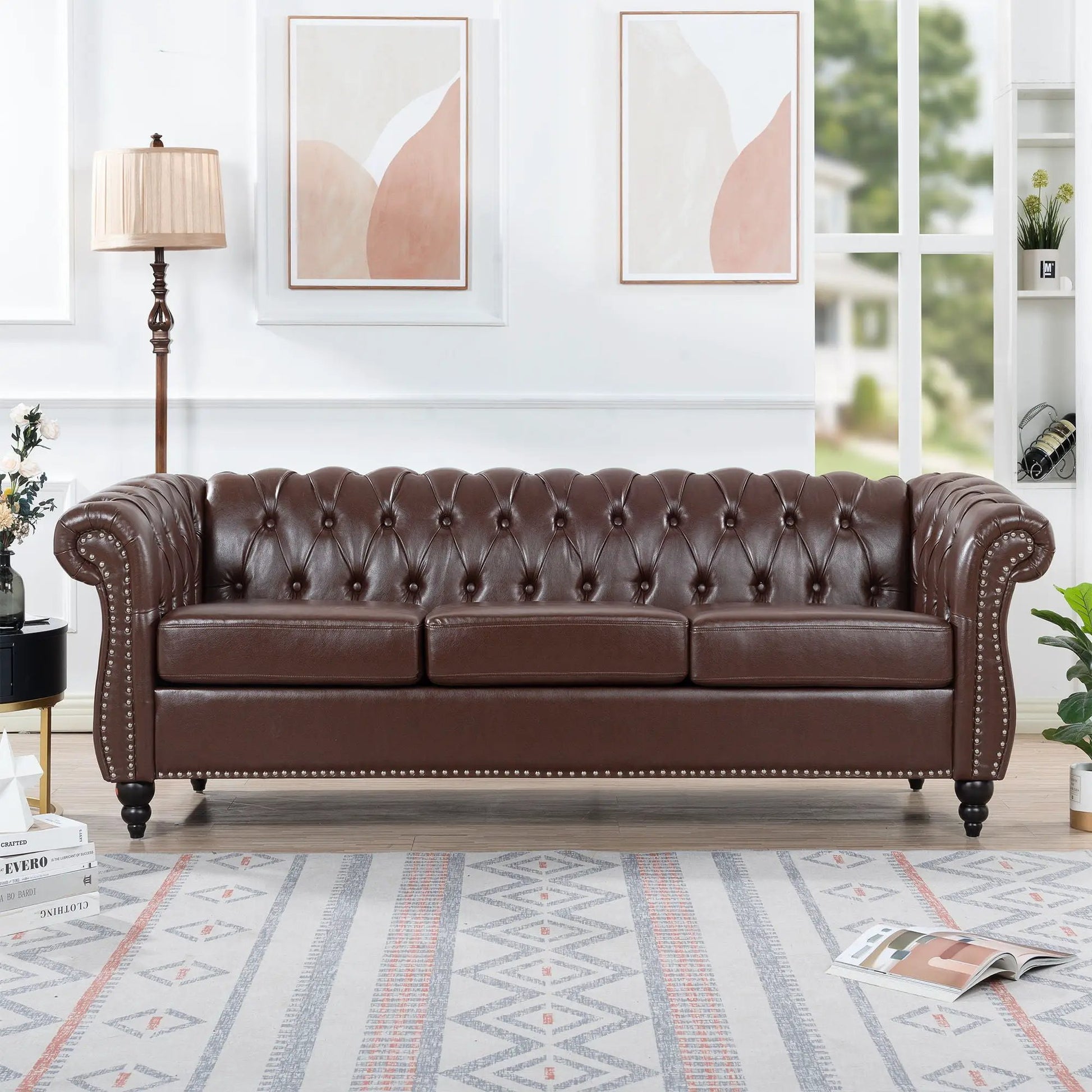 Rolled Arm Chesterfield 3 Seater Sofa in dark brown leather, tufted, nailhead trim on Tampa Home & Garden Store