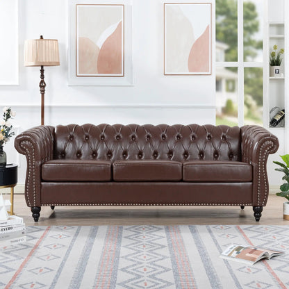 Rolled Arm Chesterfield 3 Seater Sofa in dark brown leather, tufted, nailhead trim on Tampa Home & Garden Store