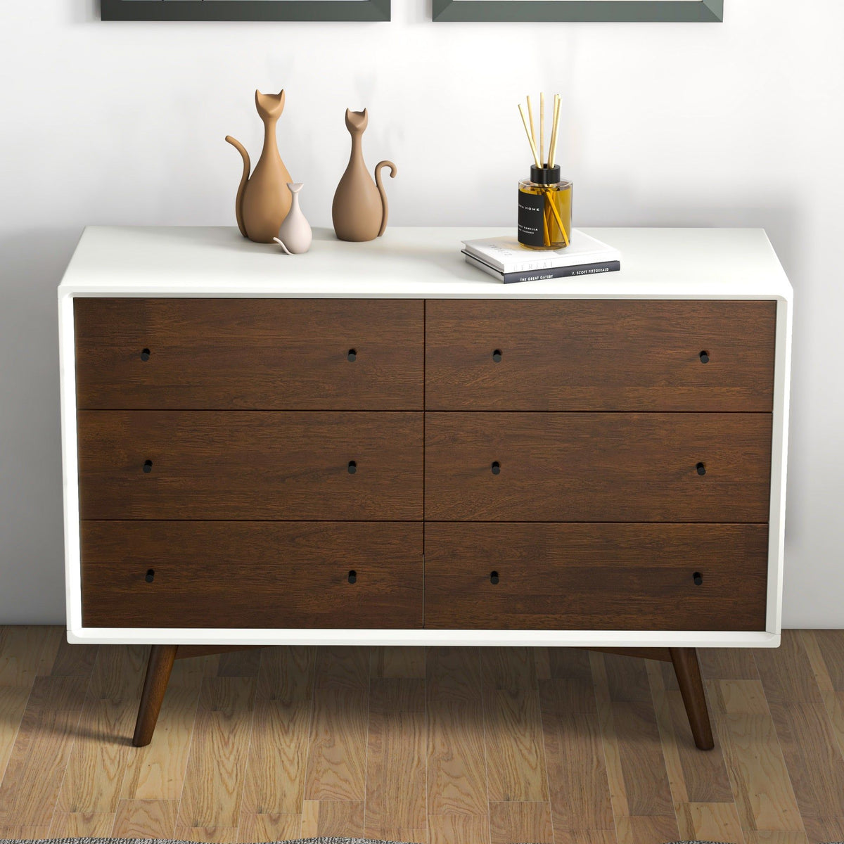 6-Drawer Dresser with Spacious Storage in dark brown wood and white frame with 4 top pieces on Tampa Home & Garden Store