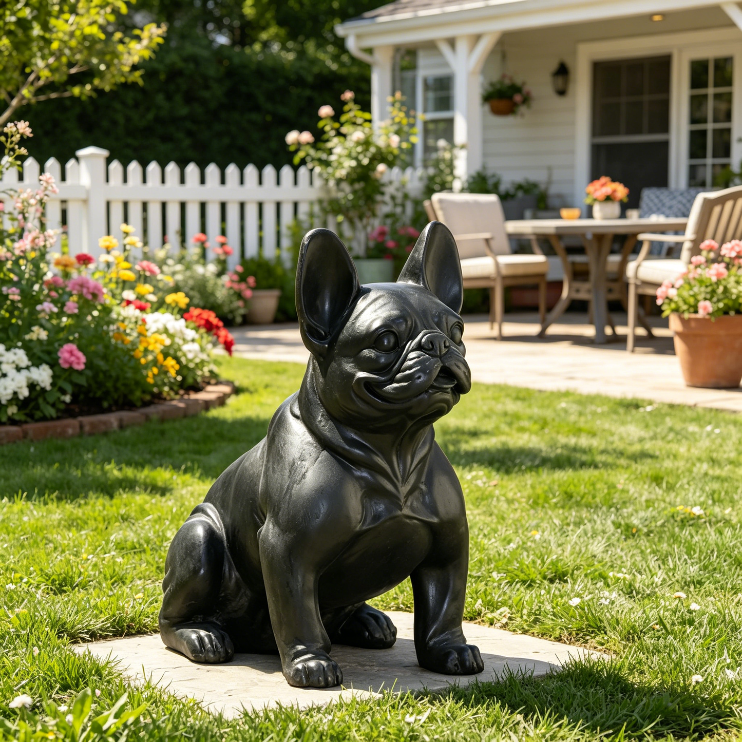 Outdoor French Bulldog garden sculpture, black resin statue by HouseOfZazla on Tampa Home & Garden Store