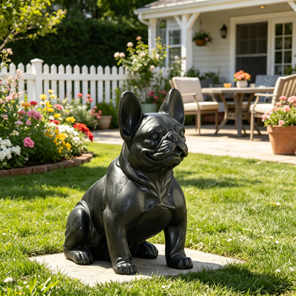 Outdoor French Bulldog garden sculpture, black resin statue by HouseOfZazla on Tampa Home & Garden Store