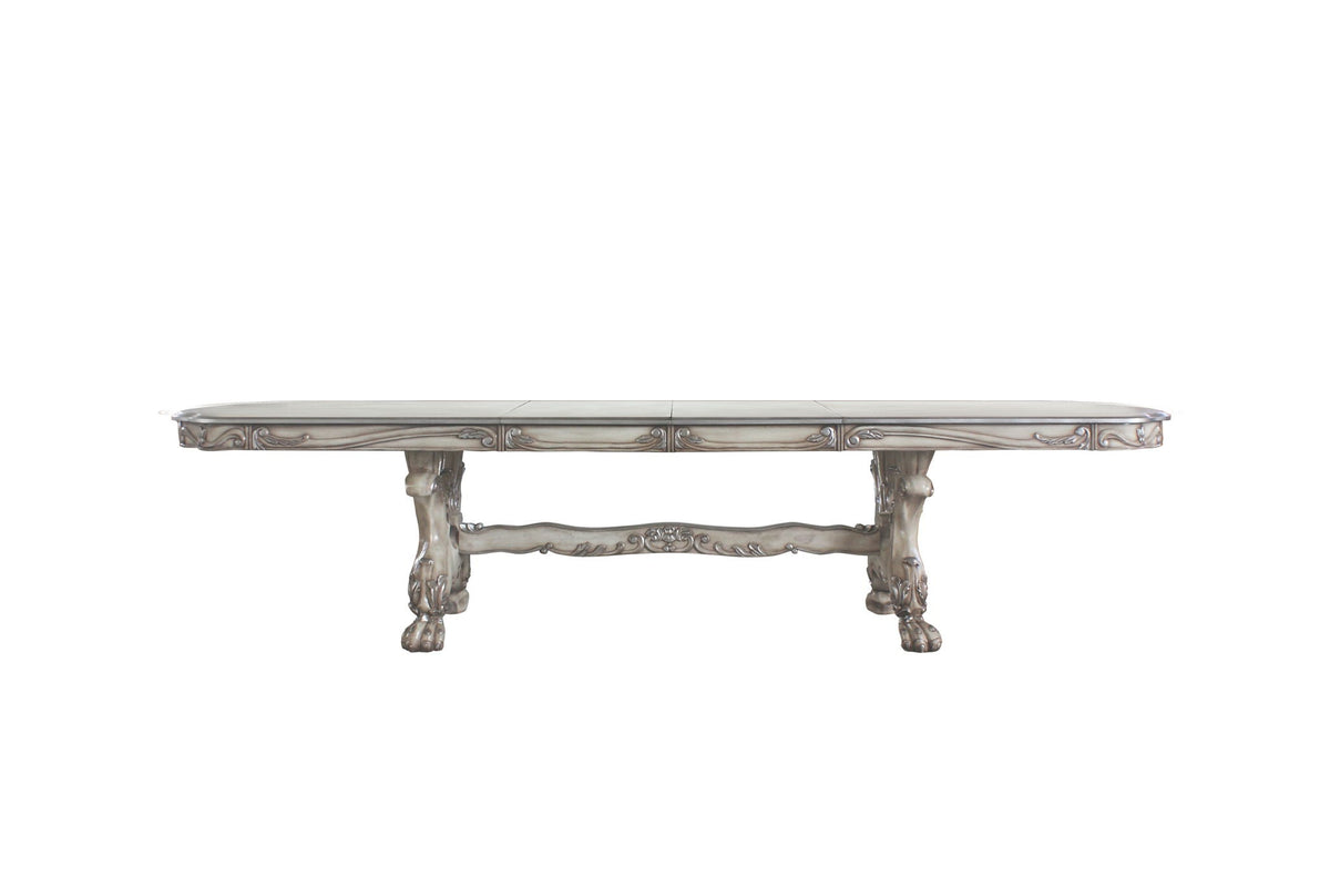 Dresden Elegant Dining Table in pearl silver wood finish with ornate carved apron and legs on Tampa Home & Garden Store