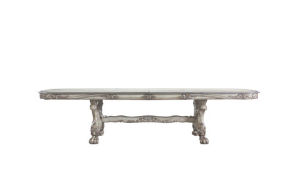 Dresden Elegant Dining Table in pearl silver wood finish with ornate carved apron and legs on Tampa Home & Garden Store
