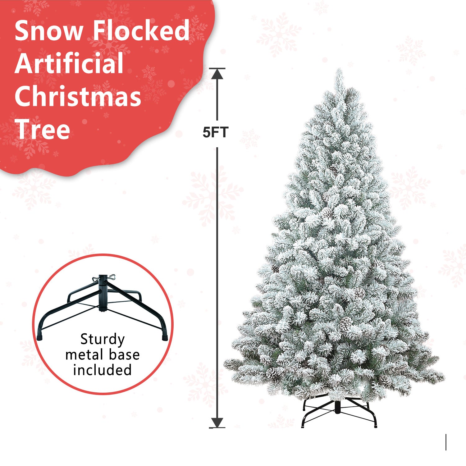 4ft flocked artificial Christmas tree with pine cones and PVC design sturdy metal base on Tampa Home & Garden Store