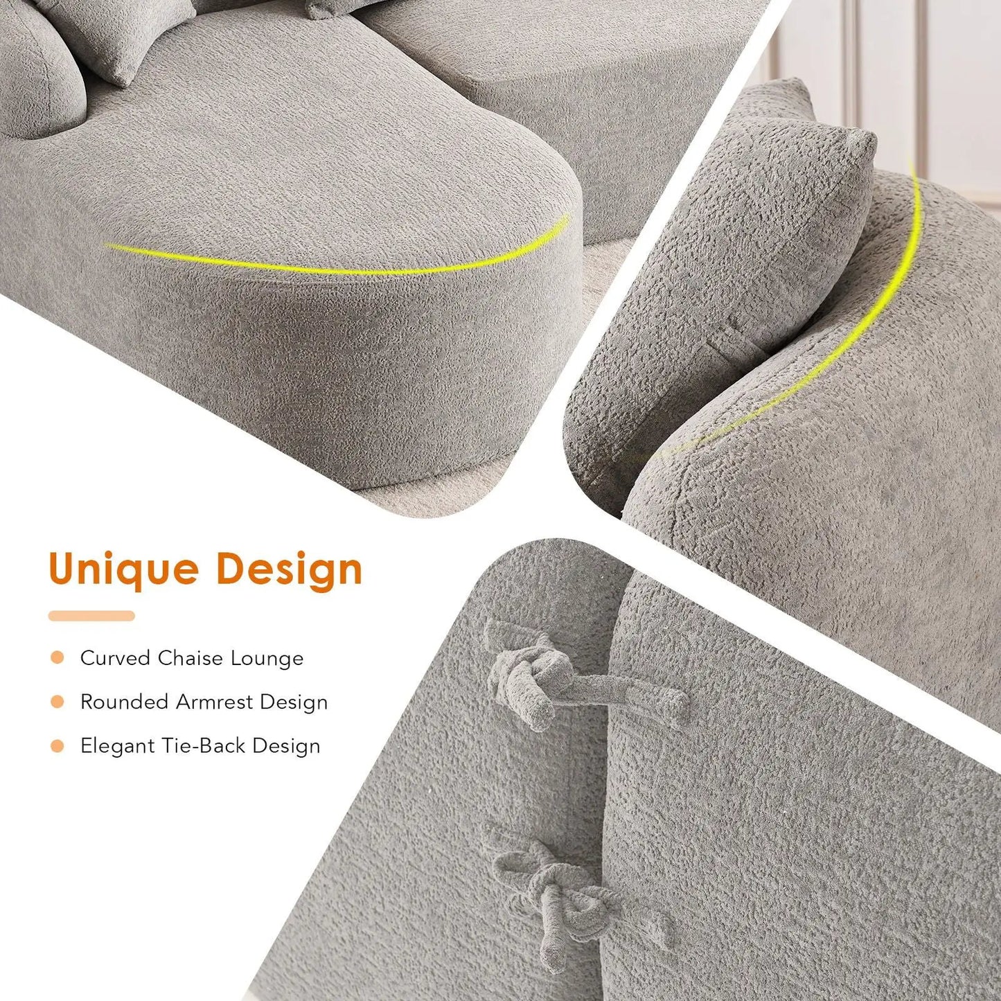 Combined Sofa With 4 Pillows gray curved chaise sectional in plush fabric Unique Piece Furniture on Tampa Home & Garden Store