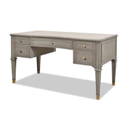 Dauphin 5 Drawer Executive Desk gray rubberwood with brass knobs and tapered legs on Tampa Home & Garden Store