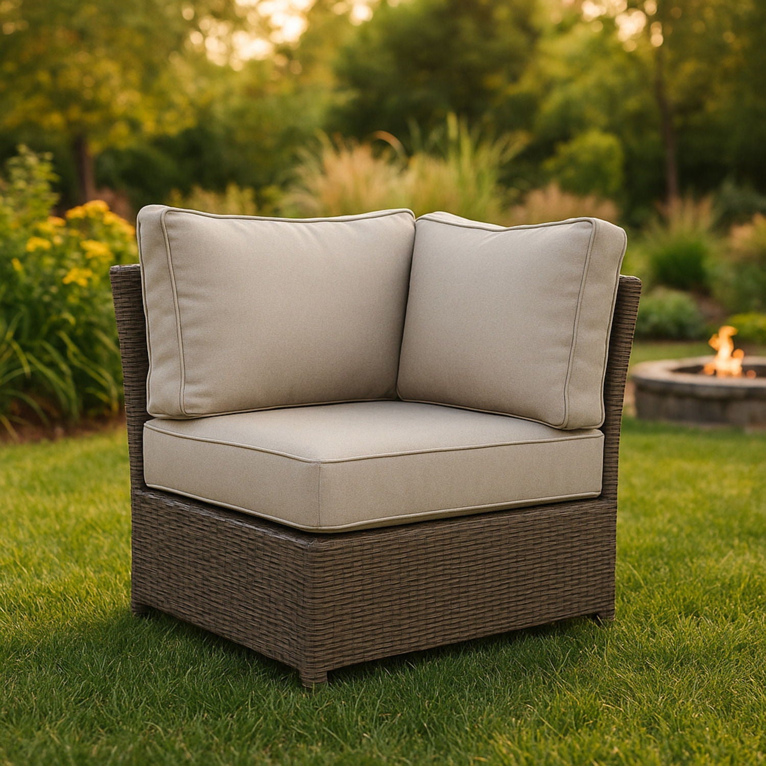 Shick Corner Wedge Patio Chair with Cushions beige cushions brown wicker HouseOfZazla on Tampa Home & Garden Store