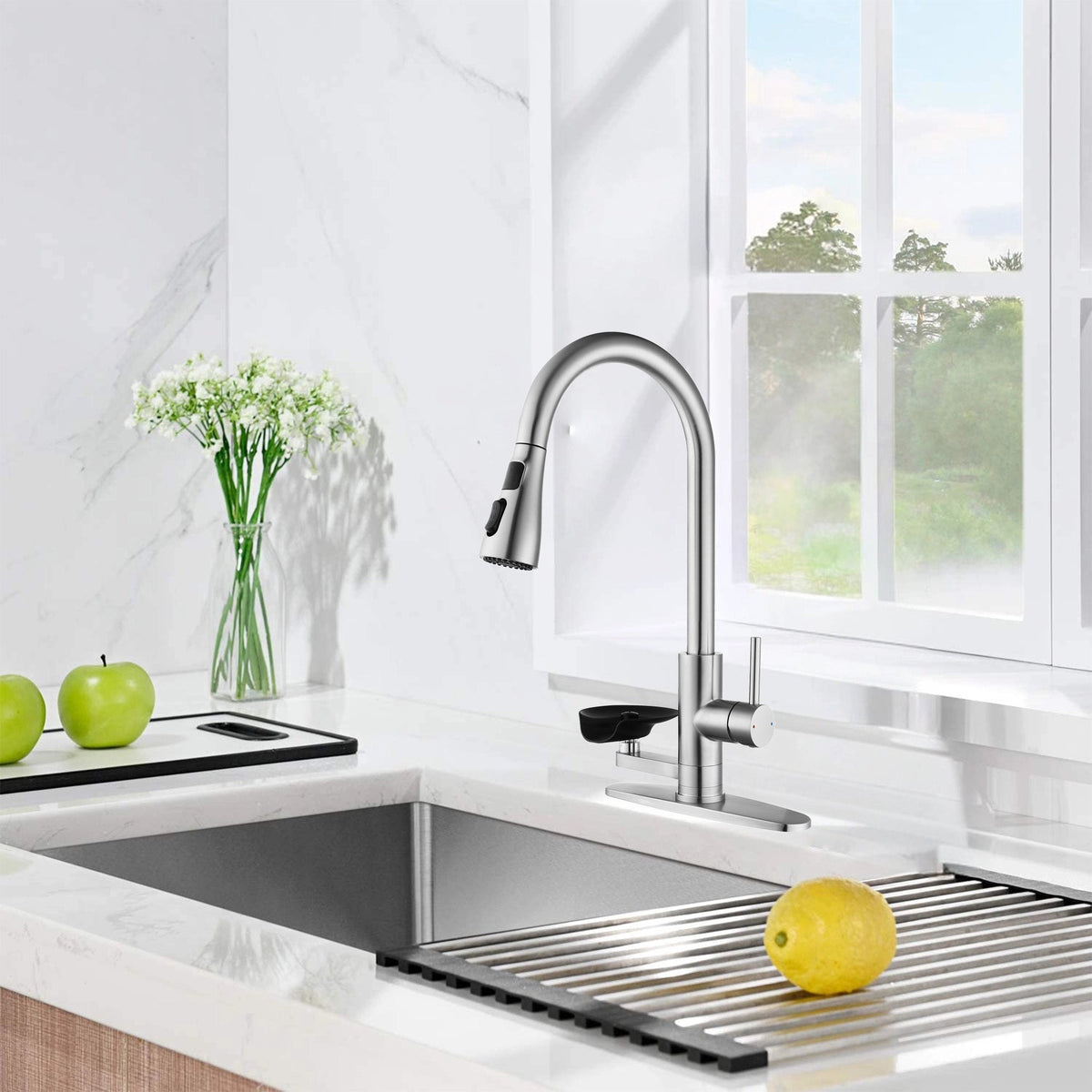 3-in-1 kitchen faucet with pull-down sprayer, LED temp display, glass rinser, brushed nickel on Tampa Home & Garden Store