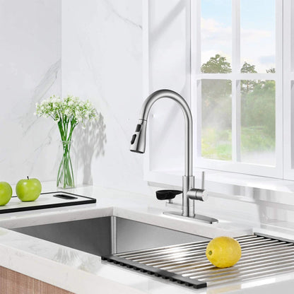 3-in-1 kitchen faucet with pull-down sprayer, LED temp display, glass rinser, brushed nickel on Tampa Home & Garden Store