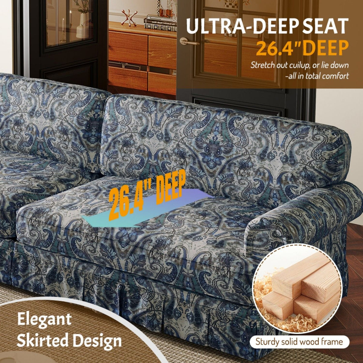 Comfortable Cloud Sofa with rolled arms and skirt in blue damask upholstery, stationary sofa on Tampa Home & Garden Store