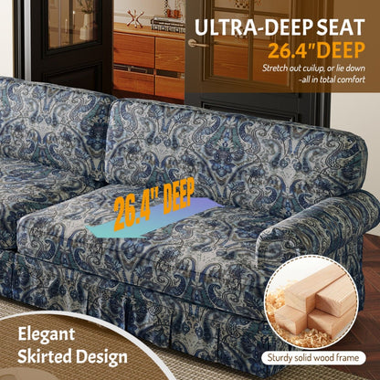 Comfortable Cloud Sofa with rolled arms and skirt in blue damask upholstery, stationary sofa on Tampa Home & Garden Store