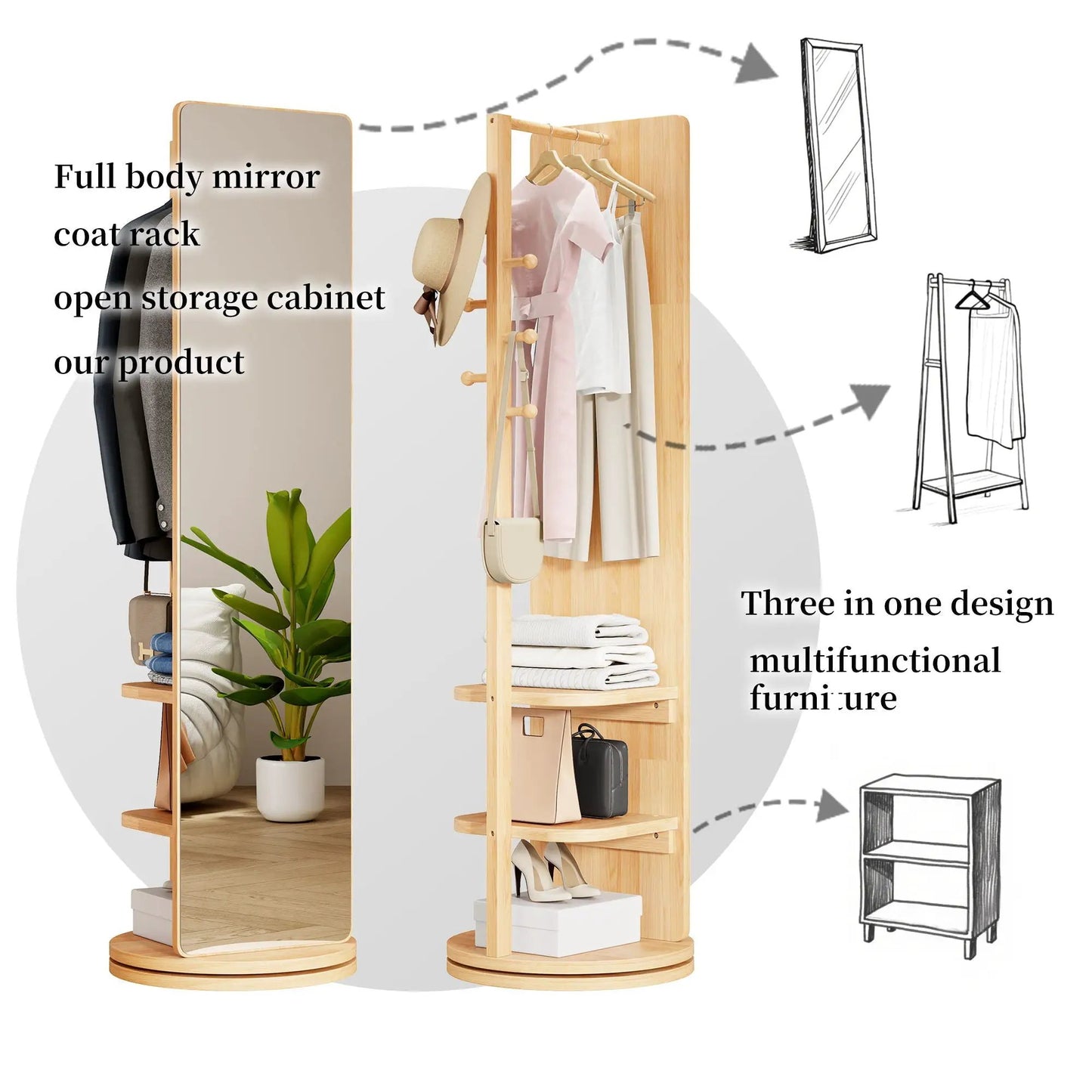 3 in 1 clothing mirror with coat rack and storage cabinet in natural pine finish on Tampa Home & Garden Store