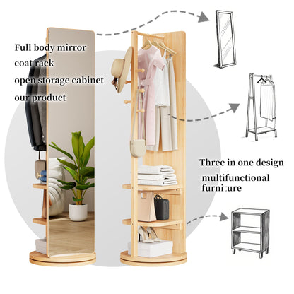 3 in 1 full-length clothing mirror with rotating design and open storage cabinet in natural wood finish on Tampa Home & Garden Store