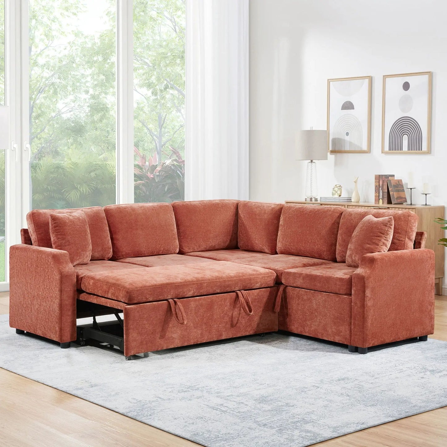 Modern L-shaped sleeper sectional in rust-orange with hidden storage on Tampa Home & Garden Store