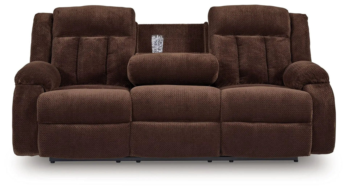Free Wake reclining power sofa in chocolate brown textured fabric with center console on Tampa Home & Garden Store
