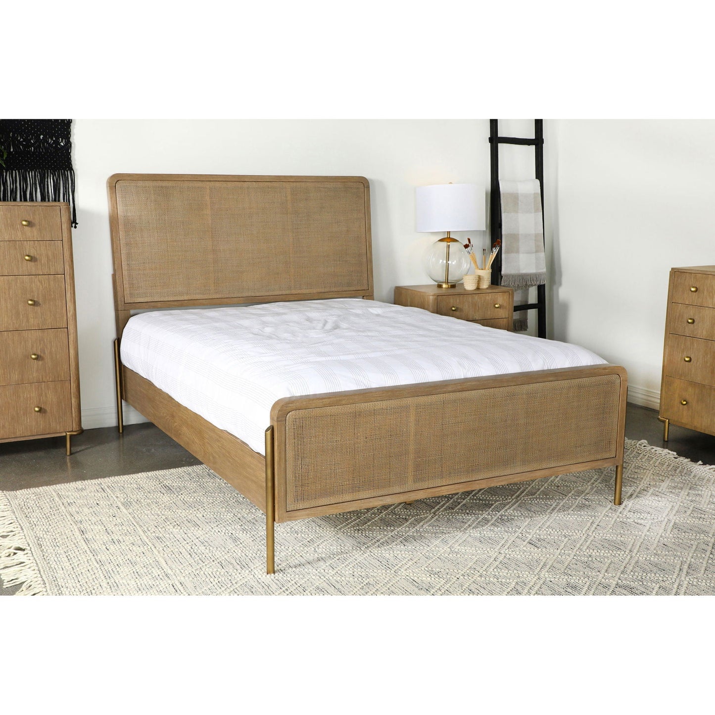 Stevie Panel Bed by HouseOfZazla in warm oak with caned rattan headboard, matching nightstands on Tampa Home & Garden Store