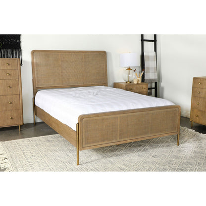 Stevie Panel Bed by HouseOfZazla in warm oak with caned rattan headboard, matching nightstands on Tampa Home & Garden Store