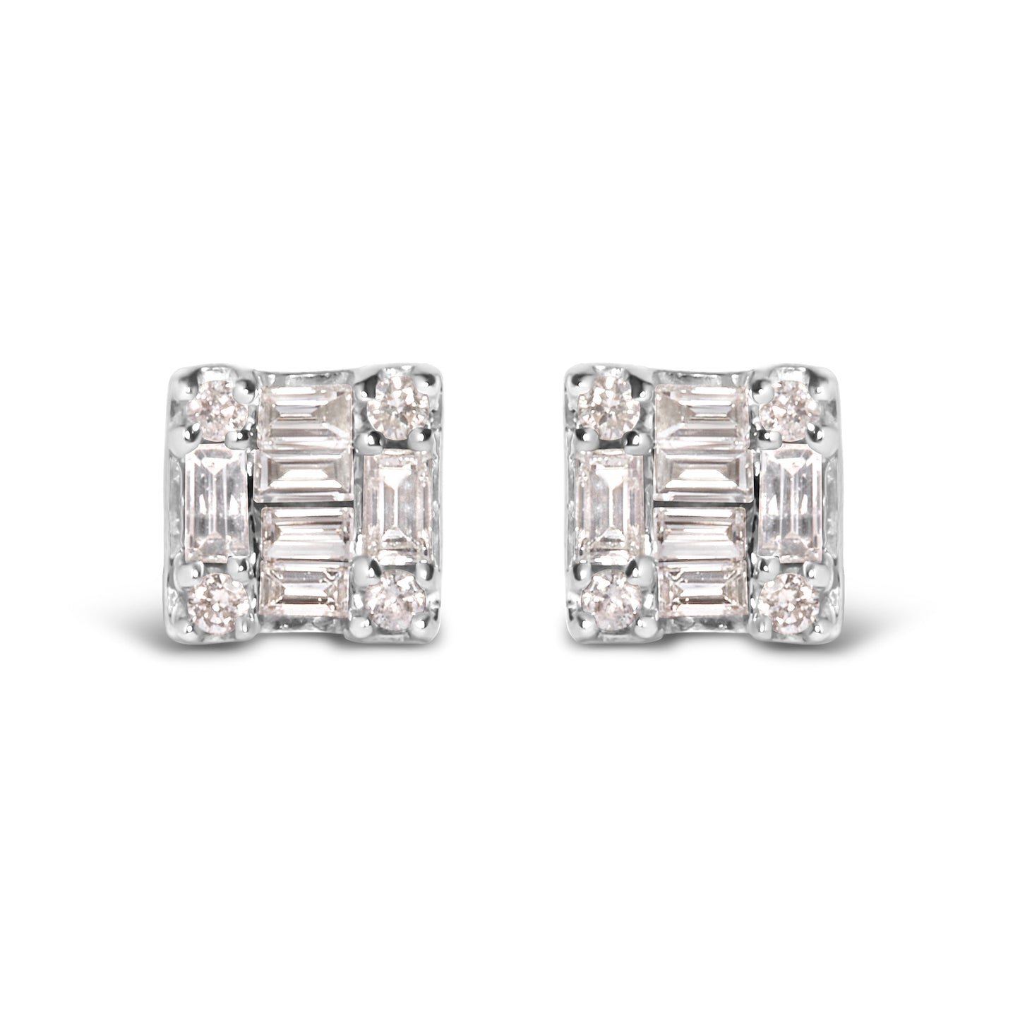 Pair of 10K white gold mosaic stud earrings with round and baguette diamonds 1/7 Cttw on Tampa Home & Garden Store