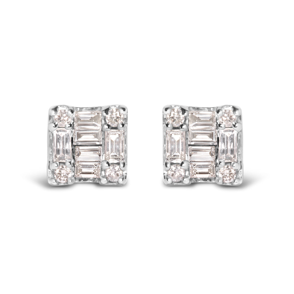 Pair of 10K white gold mosaic stud earrings with round and baguette diamonds 1/7 Cttw on Tampa Home & Garden Store