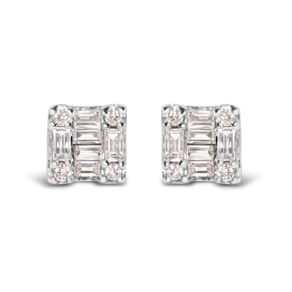 Pair of 10K white gold mosaic stud earrings with round and baguette diamonds 1/7 Cttw on Tampa Home & Garden Store
