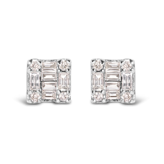 Pair of 10K white gold mosaic stud earrings with round and baguette diamonds 1/7 Cttw on Tampa Home & Garden Store