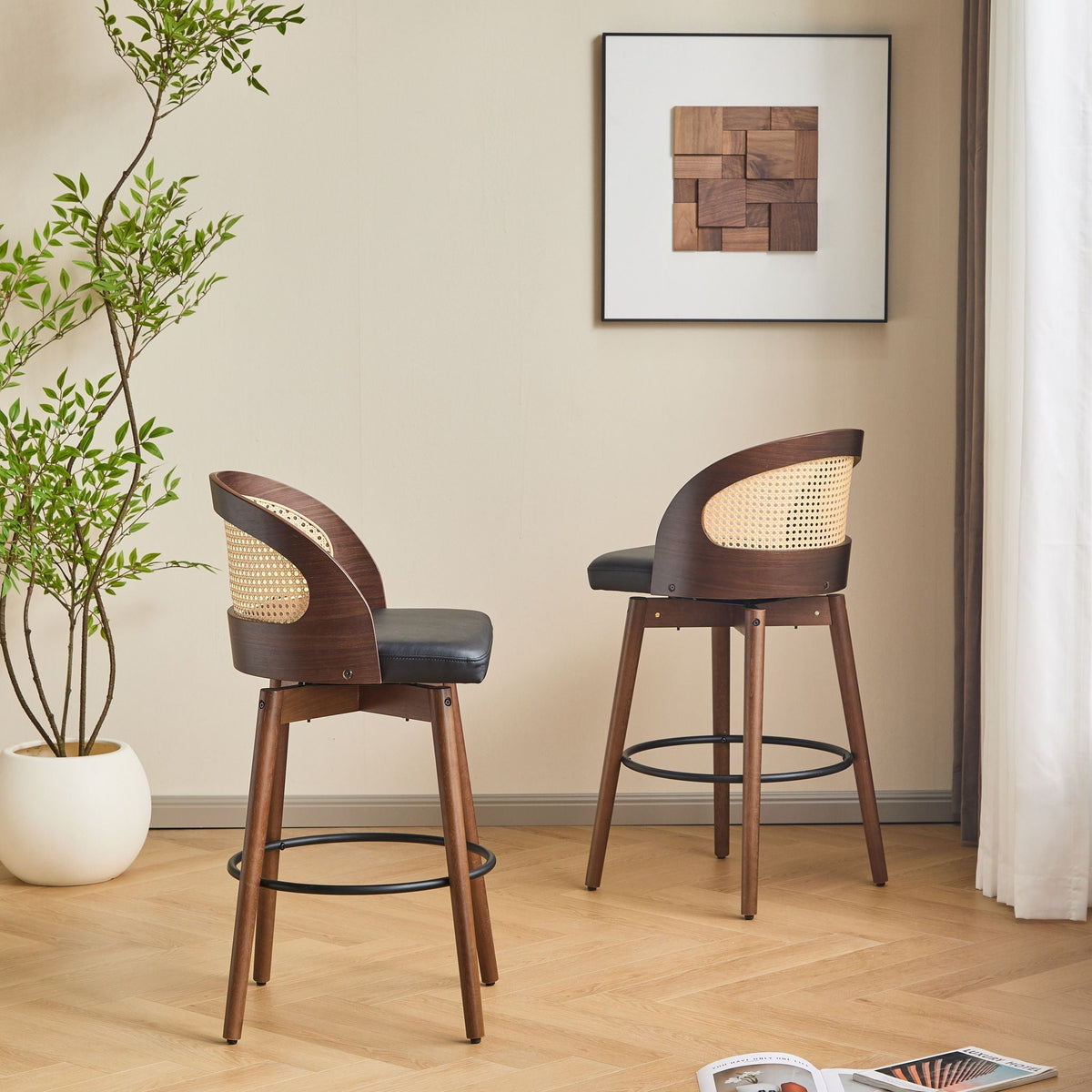 Como indoor wood barstools set of 2 with rattan backrest, black seats, warm brown wood frames on Tampa Home & Garden Store