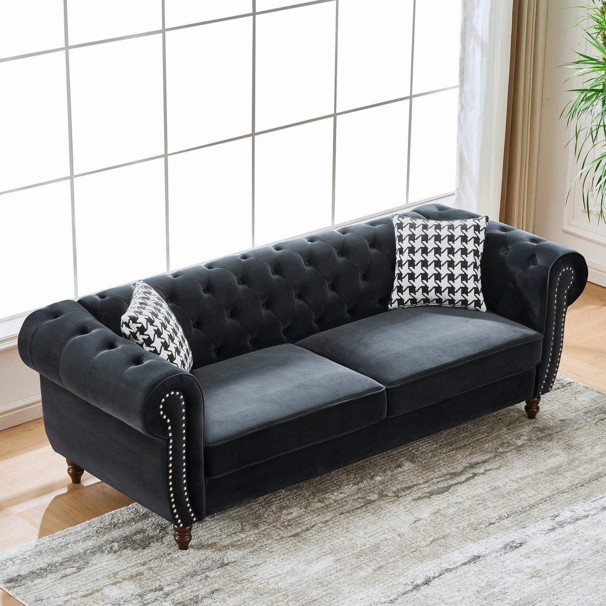 Chesterfield fabric sofa with roll arms and nailhead trim navy 3+3 seater HouseOfZazla on Tampa Home & Garden Store