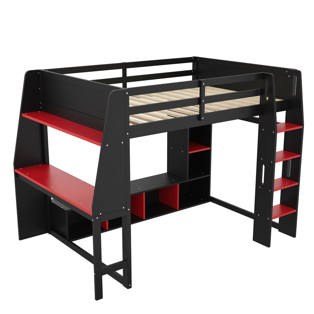 Gaming Loft Bed with storage in black metal frame and red open shelves on Tampa Home & Garden Store