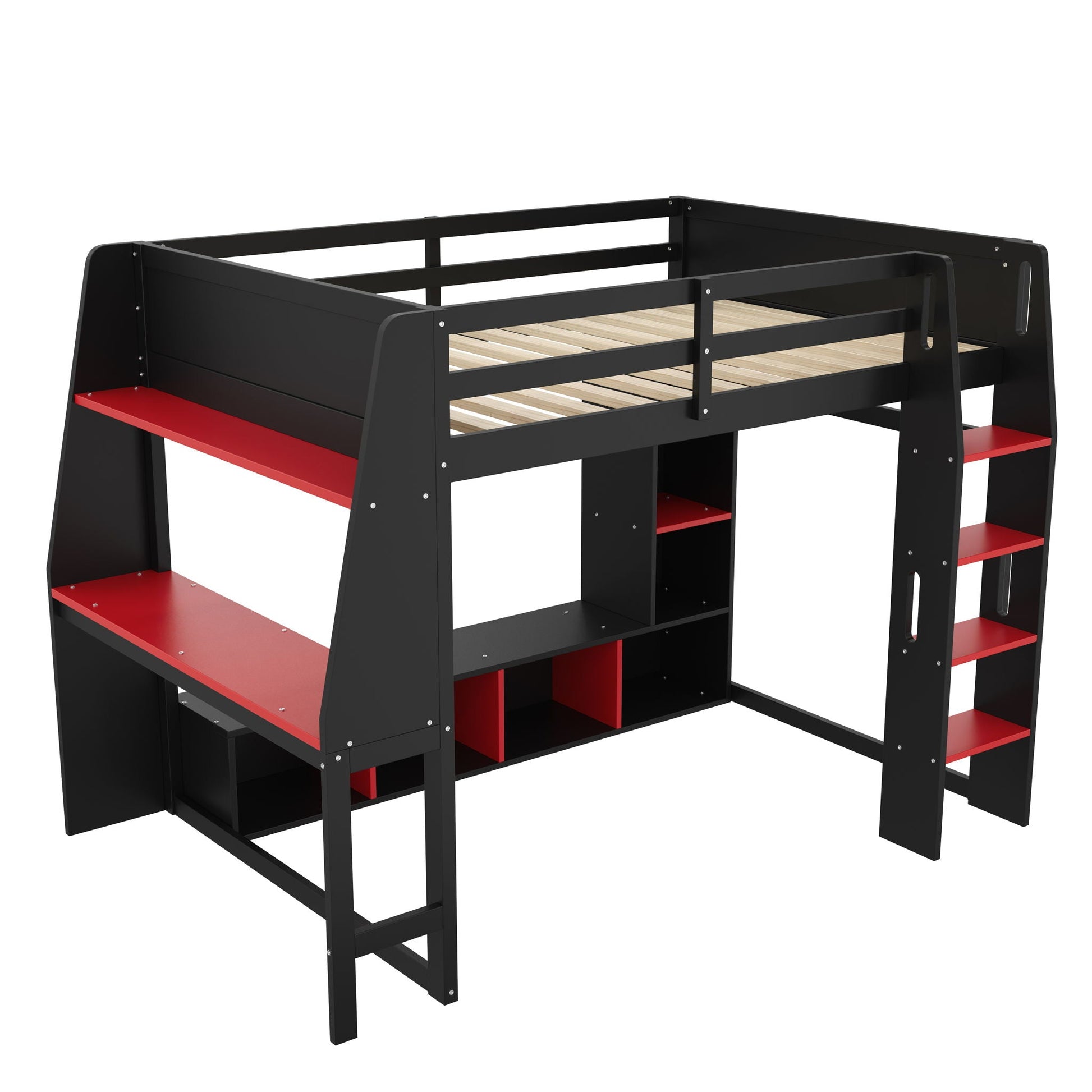 Gaming Loft Bed with storage in black metal frame and red open shelves on Tampa Home & Garden Store