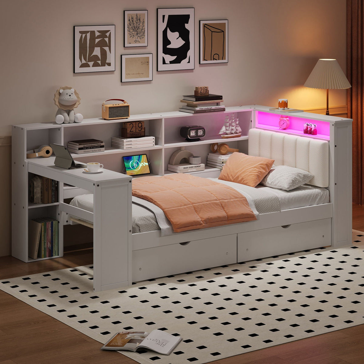 White platform bed with upholstered headboard, built-in desk and under-bed storage drawers on Tampa Home & Garden Store