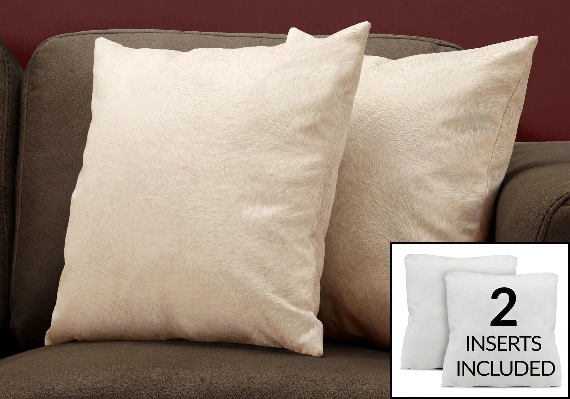 Beige square decorative throw pillows with 2 inserts included and textured fabric on a brown sofa on Tampa Home & Garden Store