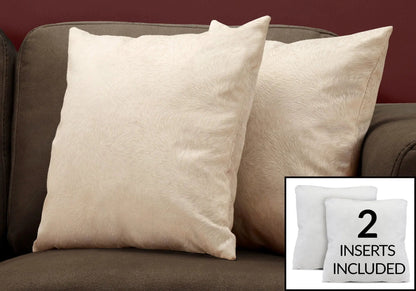 Beige square decorative throw pillows with 2 inserts included and textured fabric on a brown sofa on Tampa Home & Garden Store