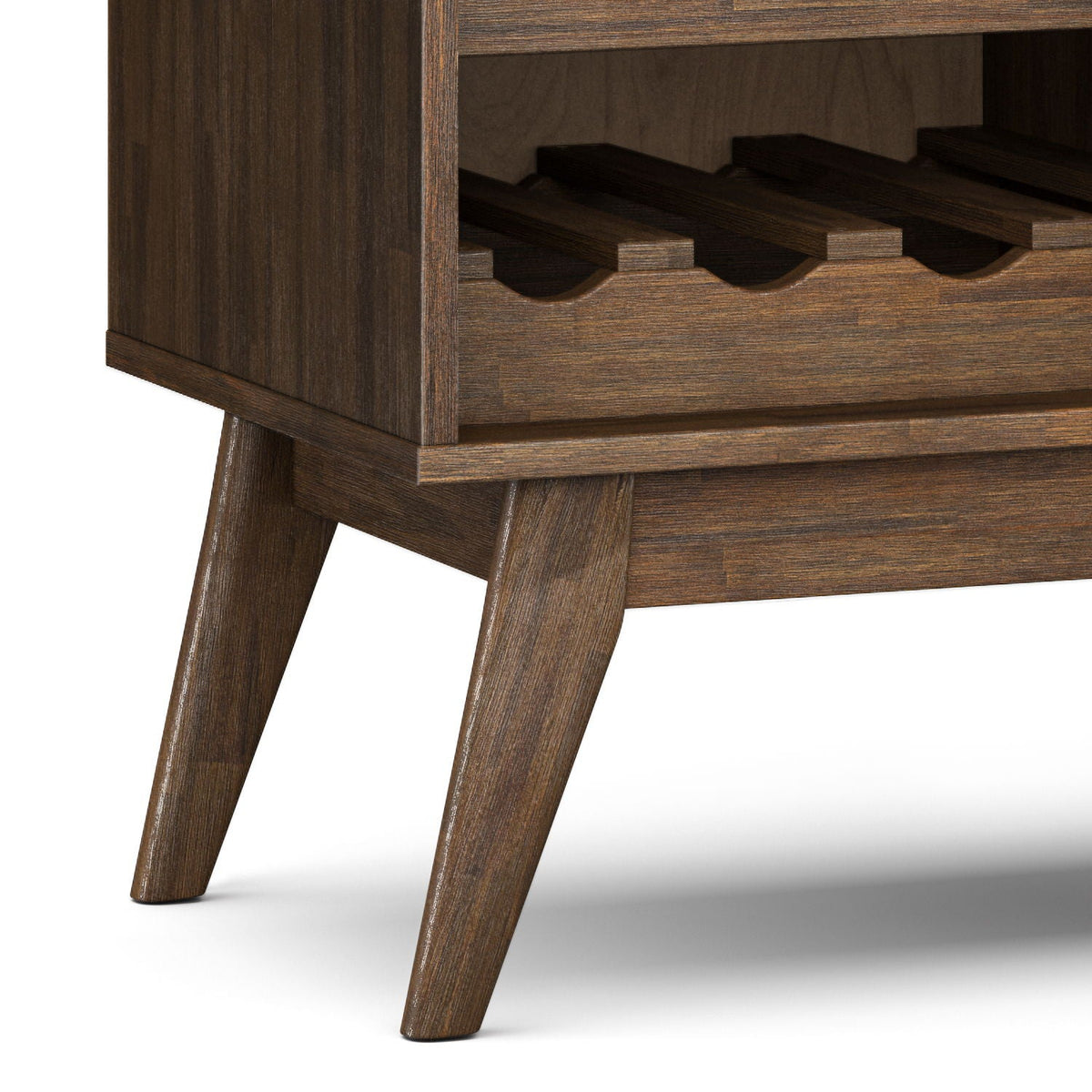 Solid acacia wood wine cabinet in brown with adjustable bottle storage and angled legs on Tampa Home & Garden Store