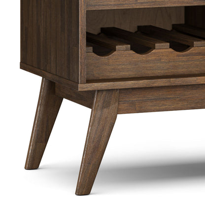 Solid acacia wood wine cabinet in brown with adjustable bottle storage and angled legs on Tampa Home & Garden Store
