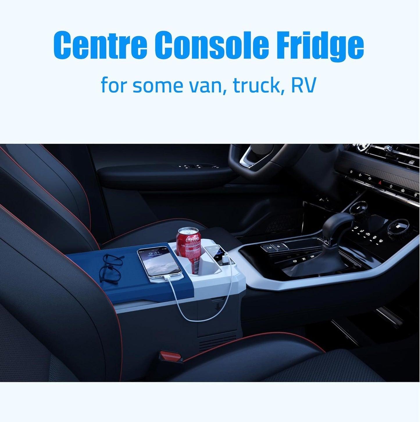 Portable car fridge with app control, white body and blue lid on a vehicle center console on Tampa Home & Garden Store