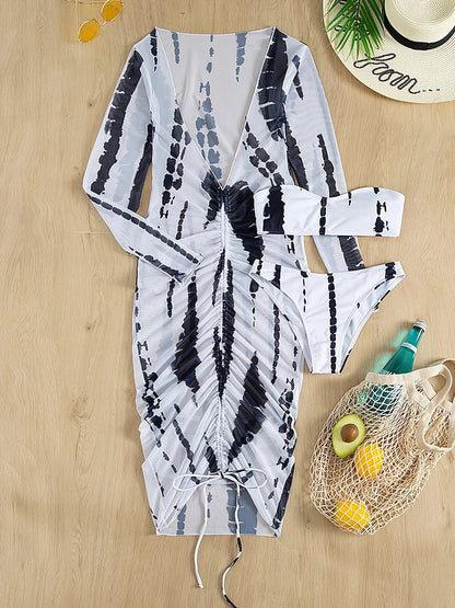 Horizon Haze 3-Piece Tie Dye Bandeau Bikini Set Stevvex with long-sleeve cover-up grayscale print on Tampa Home & Garden Store
