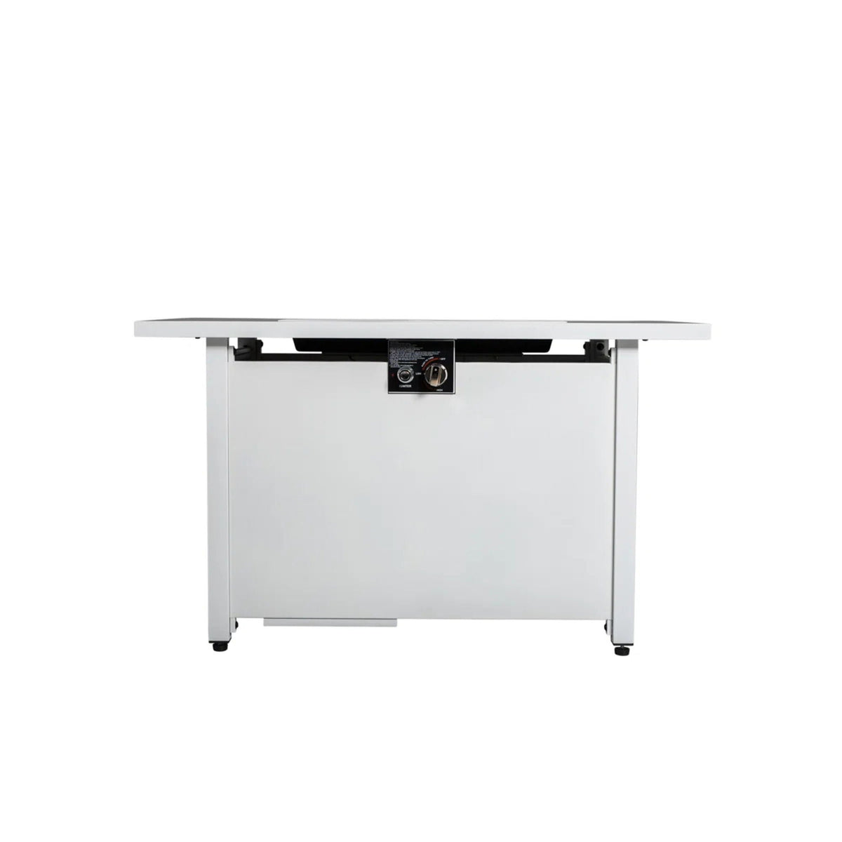 Rectangular fire pit with white frame and metal top, front control panel on Tampa Home & Garden Store