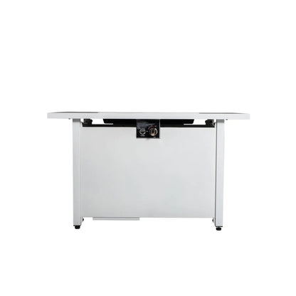 Rectangular fire pit with white frame and metal top, front control panel on Tampa Home & Garden Store