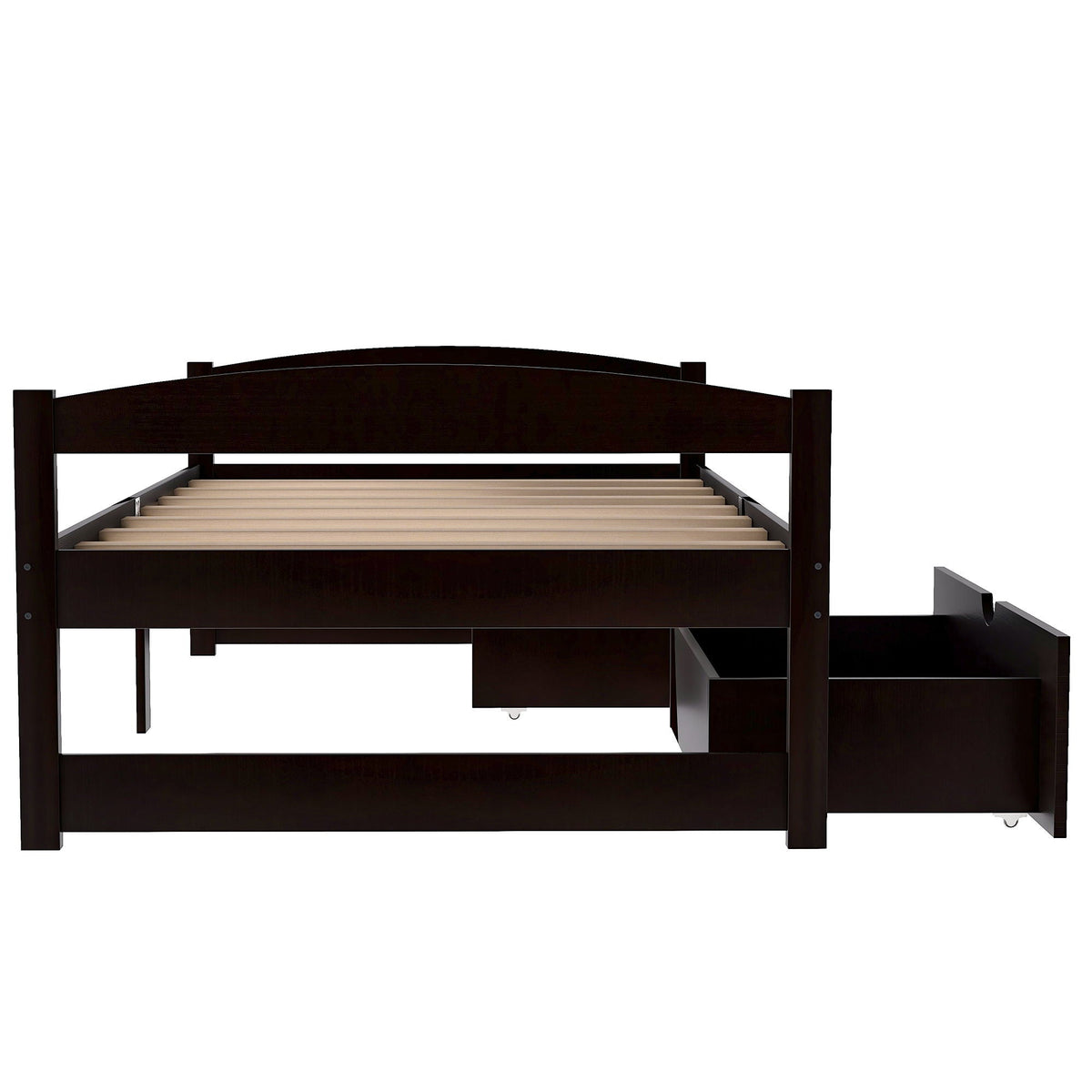 Platform bed with 2 drawers in dark espresso wood, slatted base and sturdy posts on Tampa Home & Garden Store