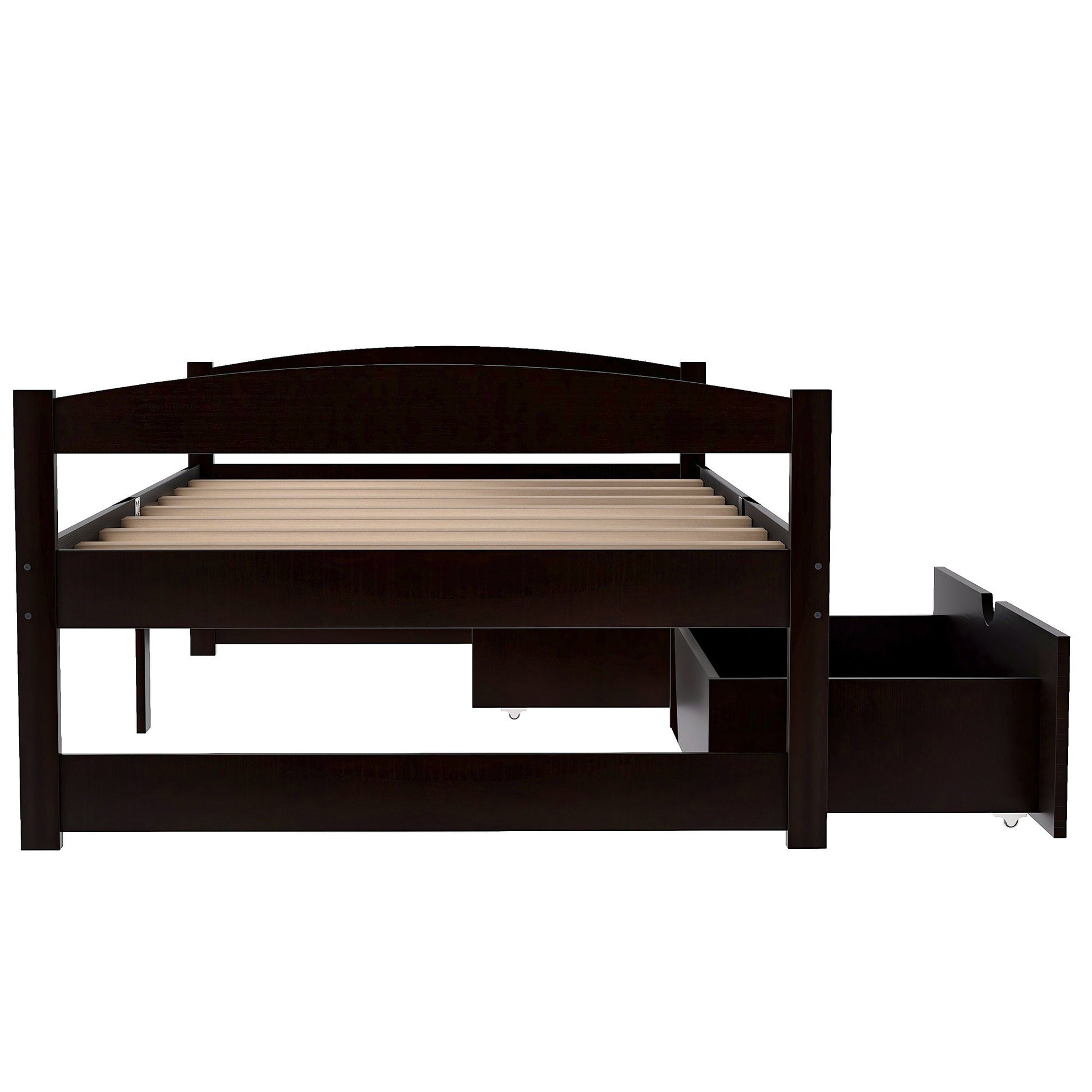 Platform bed with 2 drawers in dark espresso wood, slatted base and sturdy posts on Tampa Home & Garden Store